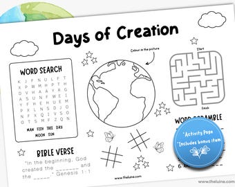 Days of Creation Activity Sheet | Kids Bible Verse Printable | The Creation Story Placemat