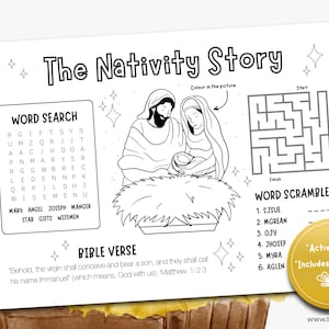 Nativity Printable for Kids Bible Verse Activity Sheets Sunday School Crafts Activity Placemat Bible Coloring Pages
