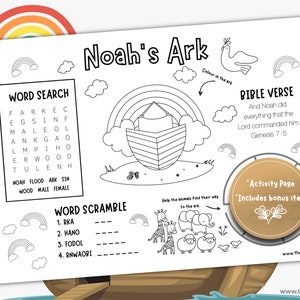 Noah’s Ark printable. Noah’s Ark coloring page and activity mat. It includes a word search, word scramble, a maze, and coloring section.