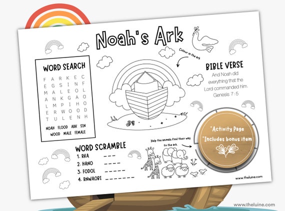 Noah's Ark Activity Sheet, Bible Coloring Pages (Digital Download)