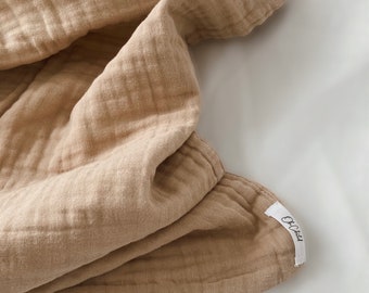 Musselin Decke Neugeborene, Baby & Kinder | 100% Baumwolle | 6 Schichten |  Unisex Toffee Creme | ca. 105x105 cm | mit Pompoms oder ohne
