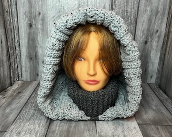 Crochet Turtle neck Hoodie,Crochet cowl with hoodie,Handmade cowl,Grey crochet snood,Grey Turtle neck Cowl, Cowl with Grey Hood,Hoodie Cowl.