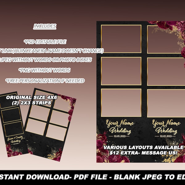 Wedding Photo Booth Template Black Burgundy Rose Flowers PSD, JPEG PNG, 100% Editable Files Strips 2x3