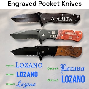 May include: Three engraved pocket knives with black blades and wooden handles. The handles are engraved with the text "A.ARITA", "#1 DAD MISAEL JR", and "PERFECT PALAPASINC".