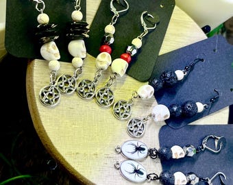 GOTHIC DROP EARRINGS | Pentacle Earrings, Bead-Drop Earrings, Spider Charm Earrings