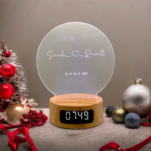 Reloj despertador personalizado, luz nocturna de nombres de pareja, luz de altavoz personalizada, luz nocturna de aniversario, lámpara de cabecera de pareja, altavoz Bluetooth LED