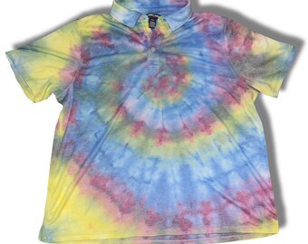 Red/Blue/Yellow Spiral Ice Tie Dye Polo (Unisex M Modal Polo)