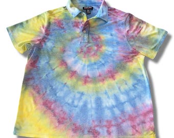 Purple, Yellow, and Blue Spiral Ice Tie Dye Polo (Unisex M Modal Polo)