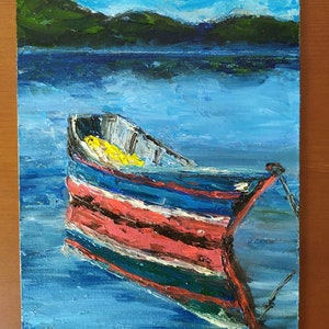 Boat on the water. Original oil painting. Seascape oil painting. Small painting 6x8