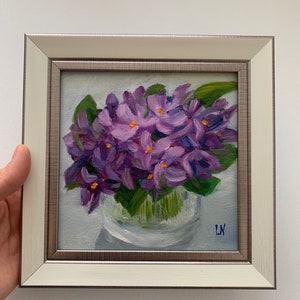 Violet painting. Framed Small Oil painting on hardboard 6x6 inches. Best gift. Bright colorful wall decor. Original art. Perfect gift
