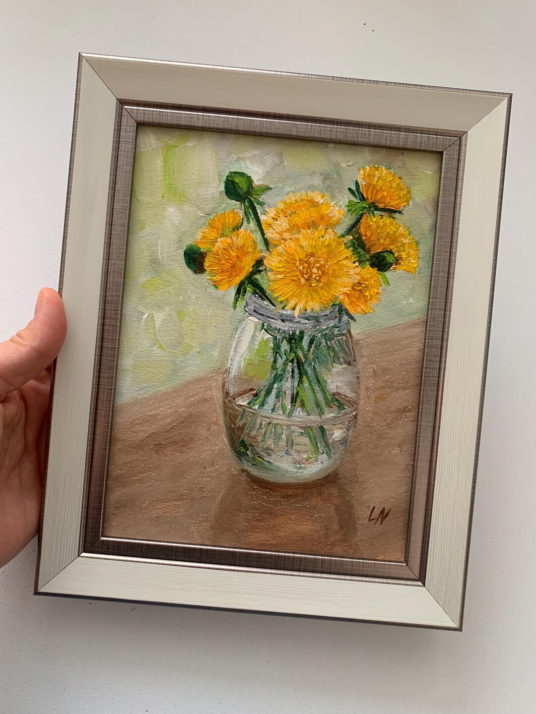 Dandelions Bouquet in Glass Vase. Framed 8x6 Inch Original Oil Painting ...