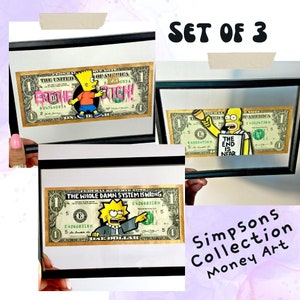 Simpsons Collection Money Art, Set of 3 Dollar Bill Artwork Lisa, Bart, Homer Currency Art Collectors Gift image 1