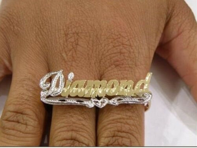 Personalized 14K Gold Plated Two Finger Ring Any Customized Name Statement Gold Overlay Two Tone