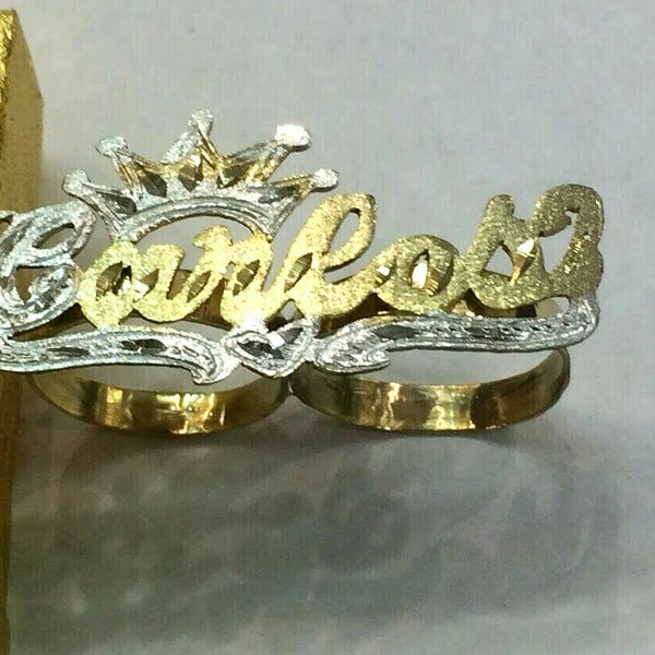 Personalized 14K Gold Plated Two Finger Ring With Crown Any Customized Name Statement Rings