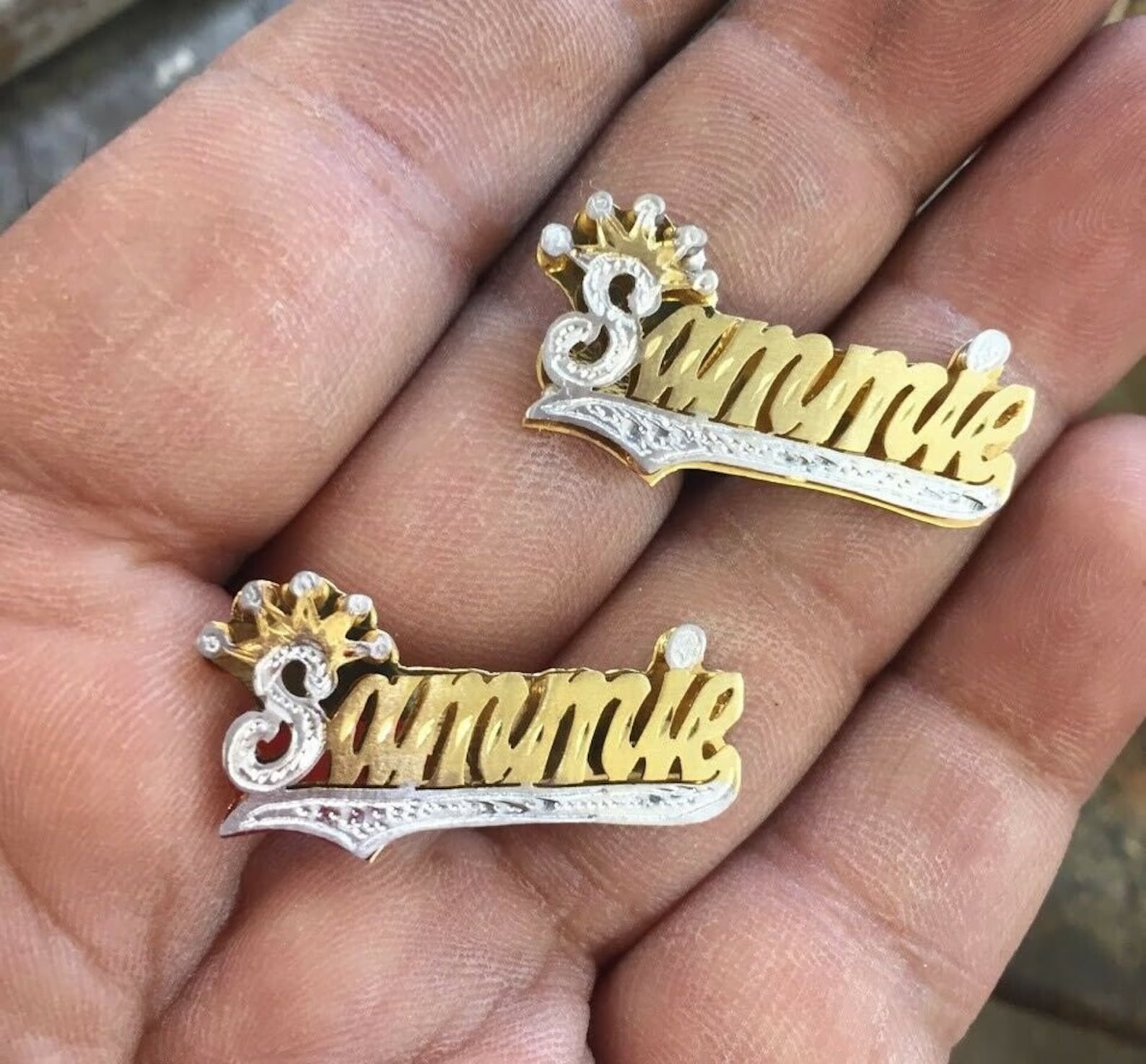 Personalized 14K Gold Plated DOUBLE NAME Plate Stud Earrings