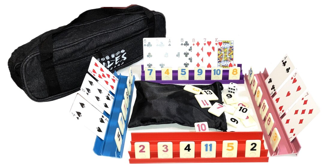 Rummy Tiles Games Set 4 Color Racks in Classy Denim Bag Resin 106 Tiles ...