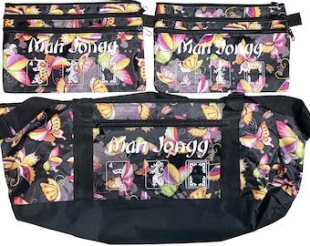 Mahjong Mah jong Mahj Butterflies Butterfly Empty Carry Bag + Two Purses for Tiles, Total 3 bags with Zipper Plus Free Sh