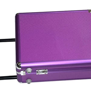 May include: A purple rolling suitcase with a textured surface. The suitcase has a black handle and black wheels. The case is rectangular and has silver latches and hinges.