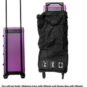 May include: A purple rolling Mahjong case with a black handle and a black denim bag with wheels. The denim bag has three white graphic designs on the front. The text on the image says, "You will get both, Mahjong Case with Wheels and Denim Bag with Wheels."