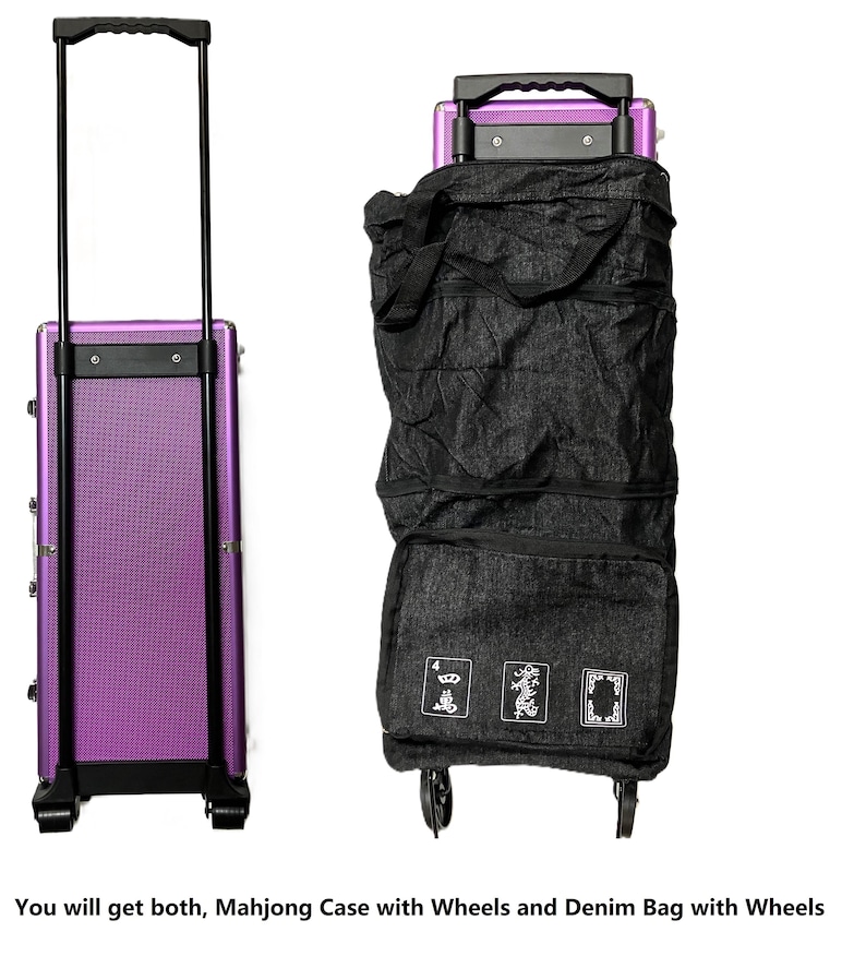 May include: A purple rolling Mahjong case with a black handle and a black denim bag with wheels. The denim bag has three white graphic designs on the front. The text on the image says, "You will get both, Mahjong Case with Wheels and Denim Bag with Wheels."