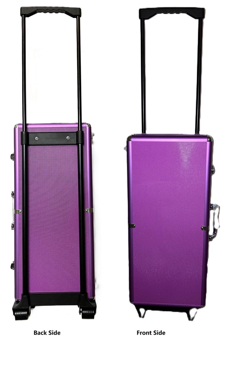 May include: A purple rolling makeup case with a textured surface, black handle, and wheels. The image shows the back and front sides of the case. The back side is labeled "Back Side" and the front side is labeled "Front Side".
