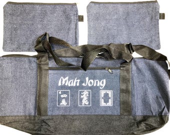 Mahjong Mahj Mah jong Real 100% Blue DENIM Empty Carry Bag + Two DENIM Bags Purses for Tile + Bag for Racks, Total 4 Bags with Free Shipping