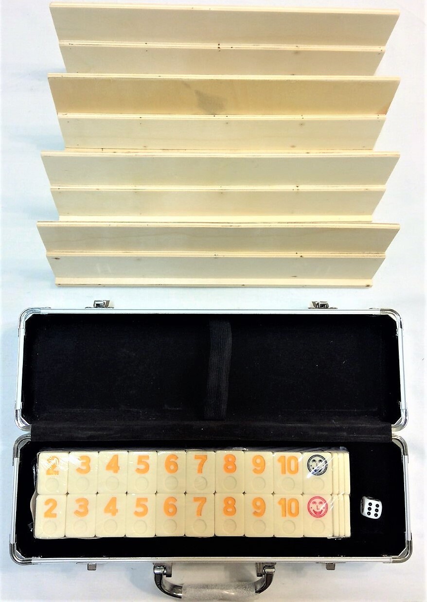 Rummy Tiles Games DLX Set 4 Wooden Racks in Attaché Aluminum Case 106