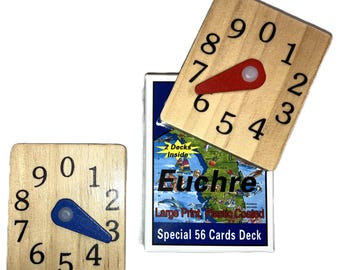 Euchre 2 Counters Scorekeepers Set Pine Wood plus 2 Decks of EUCHRE Decks (A Double Deck) Free Shipping