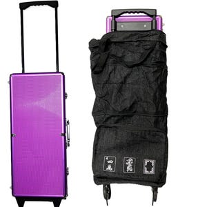 May include: Two rolling suitcases. One is a vibrant purple with a telescoping handle. The other is a black, foldable shopping cart with a black handle and wheels. The cart has three white graphic designs on the front.