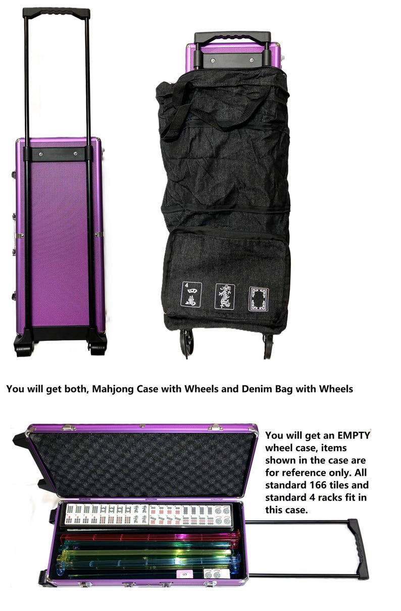 May include: Purple rolling Mahjong case with a black denim bag on wheels. The case is open, revealing Mahjong tiles and racks. The text says, "You will get both, Mahjong Case with Wheels and Denim Bag with Wheels."