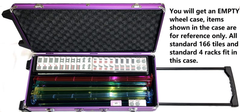 May include: A purple wheeled case, open to reveal a black foam interior and various Mahjong tiles and racks. The case has a handle and is designed to hold 166 tiles and 4 racks. Text on the image states the case is empty.