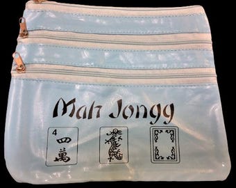 Mahjong Bag 3 Zipper Soft Pouch BLUE For Mah Jongg Yearly Rules Card Money Purse Free Shipping