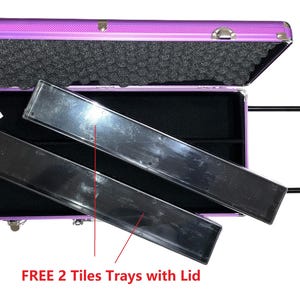 May include: A purple rolling makeup case with a black handle and two black trays. The case is open, revealing a black interior and foam padding. The text "FREE 2 Tiles Trays with Lid" is visible.