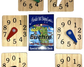 Euchre 6 Counters Scorekeepers Set Pine Wood plus 2 Decks of EUCHRE Decks (A Double Deck) Free Shipping