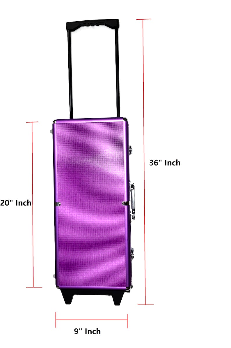 May include: A purple rolling suitcase with a telescoping handle. The suitcase is 36 inches tall, 20 inches wide, and 9 inches deep. It has a textured surface and is designed for travel.