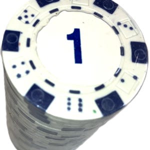 May include: A stack of white poker chips with a blue and white border design. Each chip has a large blue number "1" in the center. The border features blue shapes and dice patterns.