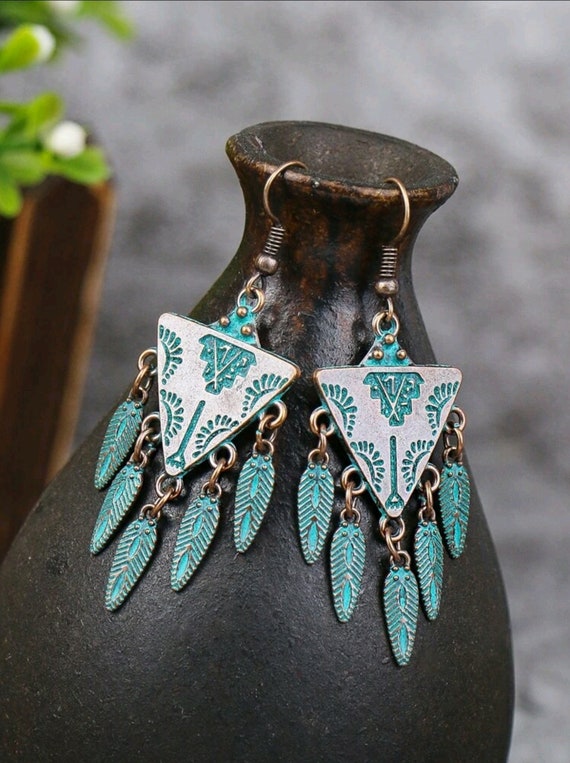 Bronze Turquoise Aztec Earrings B 18 Etsy