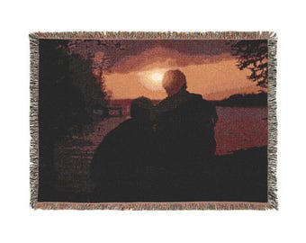 Sunset Silhouette Heated Rivalry Woven Blanket, 100% Cotton Throw with Fringe