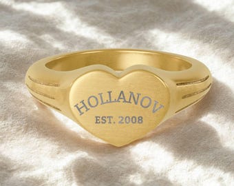 Hollanov Heart Signet Ring (Engraving), Steel with Gold PVD coating - Heated Rivalry Jewelry