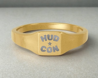 Hudcon engraved Square Signet Ring, Steel with Gold PVD coating - Hudson Connor Jewelry