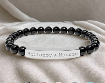 Hollanov Hudcon Bar Bracelet engraved - Natural Stone Stretch Jewelry, Friendship Bracelet