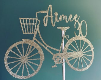 Bicycle cake topper personalised with name and age, keepsake in gold or silver