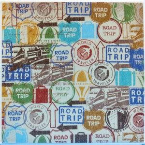 May include: A vintage-style patterned fabric with a repeating design of colorful stamps and travel-themed graphics. The stamps feature images of airplanes, trains, luggage, hot air balloons, and road signs with the text "Road Trip".