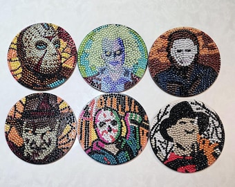 Set of 6 Halloween Diamond Art Coasters - 6 Diamond Painting Bling Coasters Scary Horror