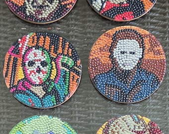 Halloween Coasters Set of 6 | Scary Horror Coasters | Handmade Rhinestone Coasters | Spooky Decor | Fall Drink Coasters | Halloween Gift