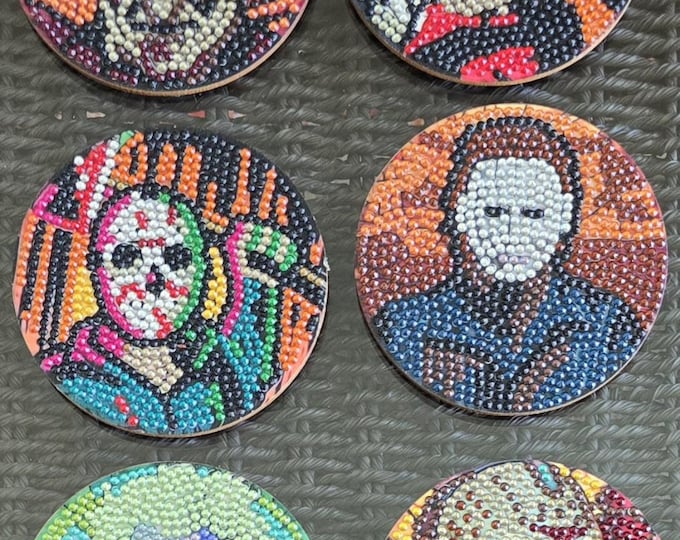 Halloween Coasters Set of 6 | Scary Horror Coasters | Handmade Rhinestone Coasters | Spooky Decor | Fall Drink Coasters | Halloween Gift