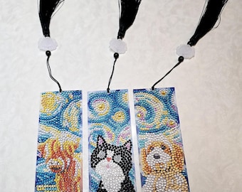 Set of 3 Diamond Painting Art Animal Bookmarks - Set of 3 Diamond Painting Bling Cat Dog Cow Bookmark - FREE SHIPPING!