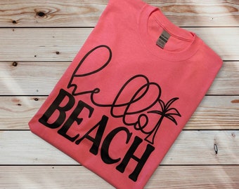 Comfortable Adult Unisex Large Bright Pink 100% Cotton T-shirt - Hello Beach Palm Tree - Free Shipping