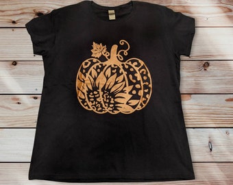 Comfortable Women's Extra Large (XL) 100% Cotton Black T-shirt - Orange Text Print - Fall Pumpkin - On Sale + Free Shipping