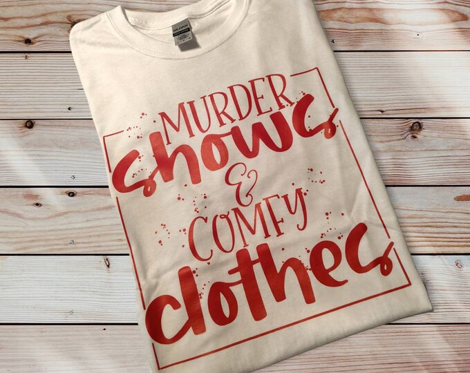 Comfortable Adult Unisex Large White 100% Cotton Gildan T-shirt - Murder Shows & Comfy Clothes - Red Print - Free Shipping